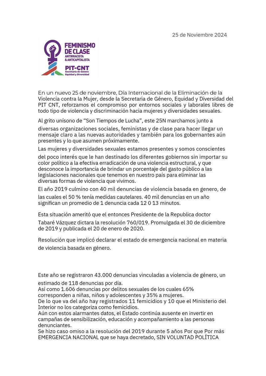 generopitcnt's tweet photo. Declaración #25N
SON TIEMPOS DE LUCHA
25/11 · Día Internacional de la Eliminación de la Violencia Basada en Género https://t.co/Yjw6AkHtFY