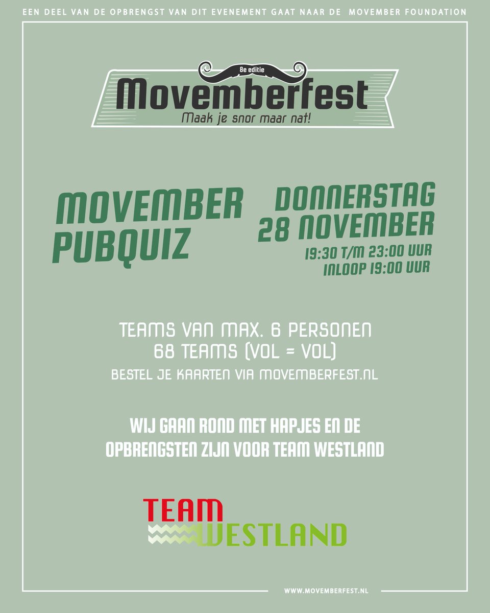 Zin in een leuke quizavond met je vrienden/collega's/buren of familie leden?

Meld je dan nog snel aan voor de Movember pubquiz aanstaande donderdag 28 november.

movemberfest.nl/event/movember…