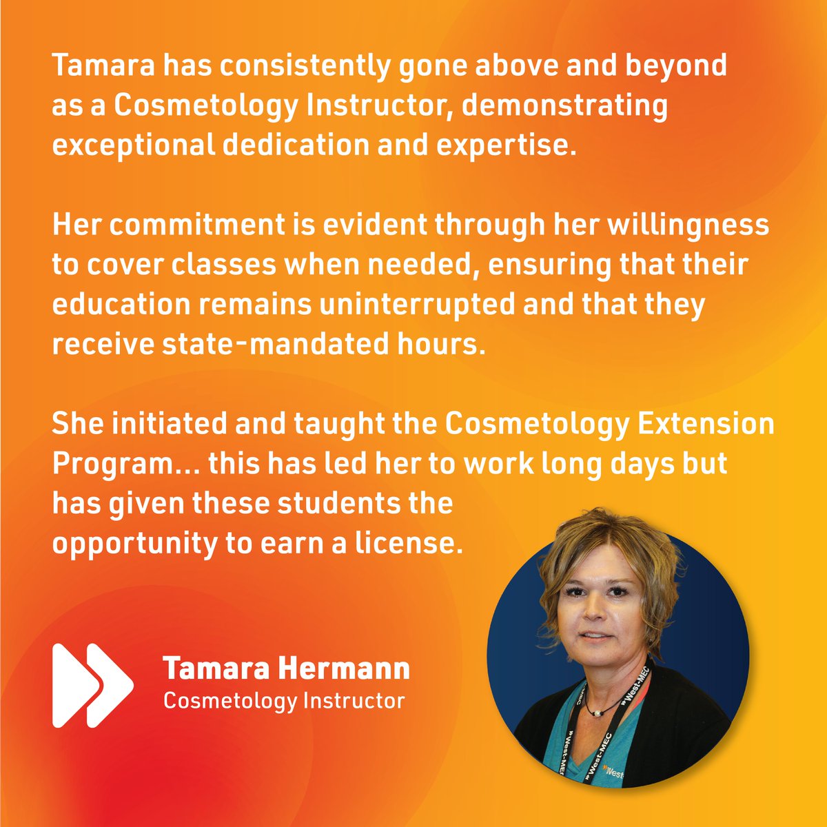 westmec's tweet image. West-MEC would like to take a moment to recognize our November Employee of the Month, Tamara Hermann, Cosmetology Instructor from Northwest Campus! ✨

#WestMEC #CareerTechEd #Cosmetology