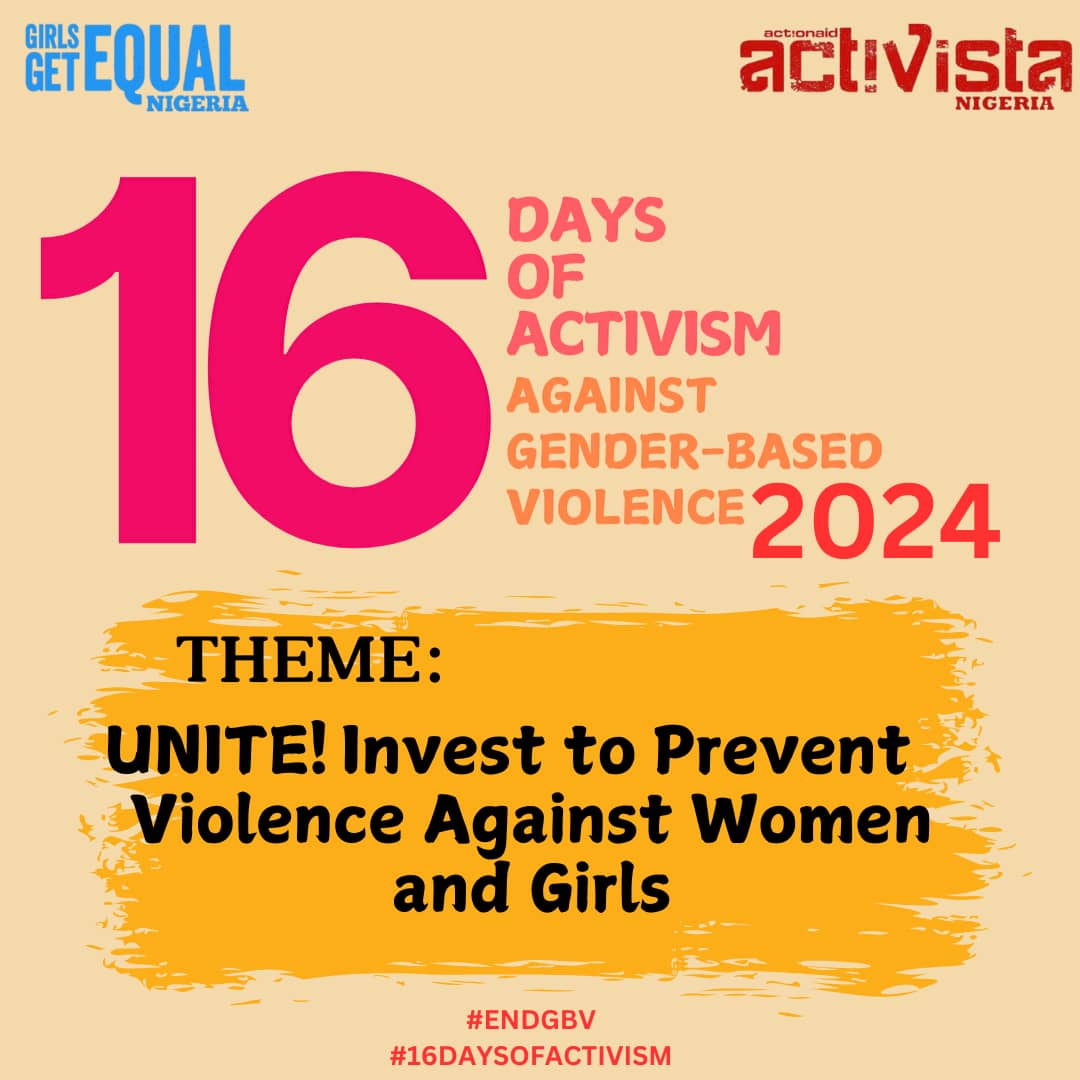 16 days to make our voices sound more clearer and audible enough to; #EndGBV
<a href="/ActivistaNG/">ActivistaNigeria</a> <a href="/ActionAidNG/">ActionAid Nigeria</a> <a href="/Danieldanmagaji/">REFORM NIGERIA</a> <a href="/BenTaliyen/">Benjamin Innocent</a> <a href="/PiusAbakpa/">Pius Abakpa</a>