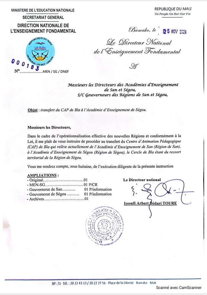 #Mali/Éducation/Enseignement fondamental : transfert du CAP de Bla à l'Académie d'Enseignement de Ségou.