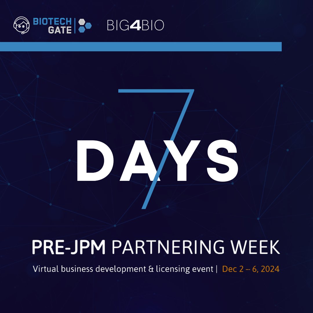 We are officially one week away from Pre-JPM Partnering Week! 

In preparation for #JPM2025, join Big4Bio and <a href="/Biotechgate/">Biotechgate</a> for 5 days of virtual business development for Pharma, Biotech, Medtech, and Digital Health companies. 

Engage in five days of virtual networking, establish