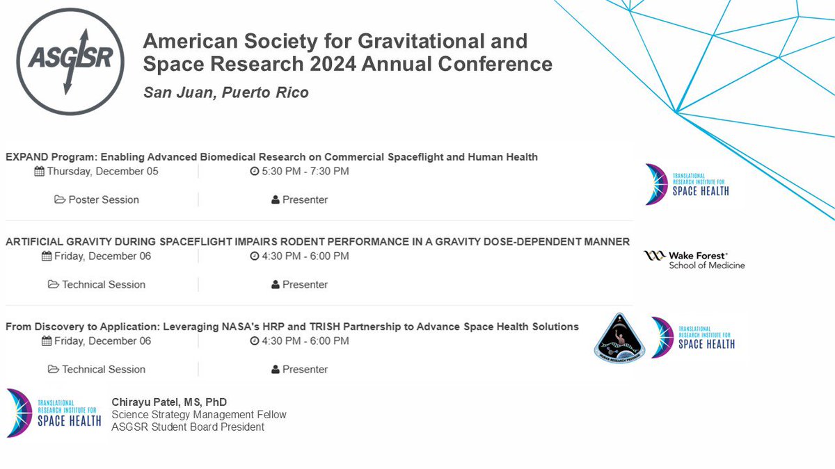 Chirayu Patel, PhD (@chirayuphd) on Twitter photo Excited to share that I will be providing the following technical talks and poster presentation highlighting work from <a href="/BCMSpaceHealth/">Translational Research Institute for Space Health</a>, <a href="/NASA/">NASA</a> HRP, and <a href="/JeffWilleyLab/">Jeff Willey</a>! I will also be co-chairing the Vertebrates 2 Technical Session and Fireside Chats at <a href="/ASGSRSpace/">ASGSR</a> 2024! Excited to share that I will be providing the following technical talks and poster presentation highlighting work from <a href="/BCMSpaceHealth/">Translational Research Institute for Space Health</a>, <a href="/NASA/">NASA</a> HRP, and <a href="/JeffWilleyLab/">Jeff Willey</a>! I will also be co-chairing the Vertebrates 2 Technical Session and Fireside Chats at <a href="/ASGSRSpace/">ASGSR</a> 2024!