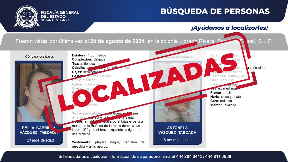 FiscaliaSLP's tweet photo. #Localizadas | Emilia Gabriela Vázquez Taboada y Antonela Vázquez Taboada. https://t.co/29A4sg7igN