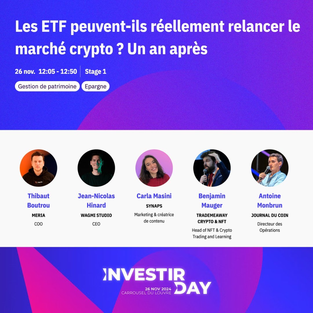 Esprit Cryptique (@_cryptique) on Twitter photo Je serai demain au Louvre pour l'événement <a href="/InvestirDay/">Investir Day</a>, l'un des plus importants en France en matière d'investissement !
J'y modère un panel à 12h05 intitulé « Les ETF peuvent-ils réellement relancer le marché crypto ? » en compagnie de <a href="/carlitacrypto_/">Carlita crypto</a>, <a href="/Thibaut_Boutrou/">Thibaut B.</a>, Je serai demain au Louvre pour l'événement <a href="/InvestirDay/">Investir Day</a>, l'un des plus importants en France en matière d'investissement !
J'y modère un panel à 12h05 intitulé « Les ETF peuvent-ils réellement relancer le marché crypto ? » en compagnie de <a href="/carlitacrypto_/">Carlita crypto</a>, <a href="/Thibaut_Boutrou/">Thibaut B.</a>,