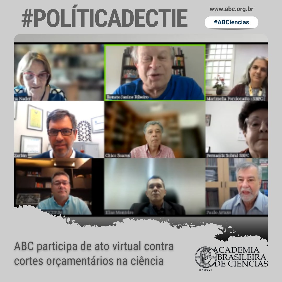 #AtuaçãodaABC • ABC participa de ato virtual contra cortes orçamentários na ciência
👉 bit.ly/3OnL3Gu

Ato reuniu representantes de instituições científicas e parlamentares para alertar que a ciência e educação brasileira não suportam mais cortes de verbas.