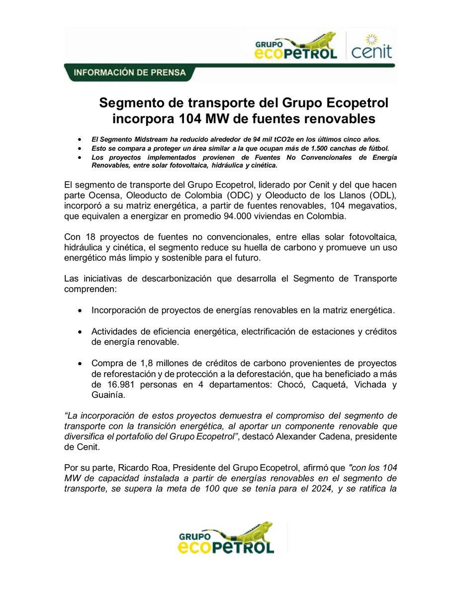 ECOPETROL_SA's tweet photo. #BuenasNoticias | Segmento de transporte del #GrupoEcopetrol incorpora 104 MW de fuentes renovables. Más información en nuestro comunicado de prensa. 👉 https://t.co/DW6rxiiIMu https://t.co/5VepaPU928