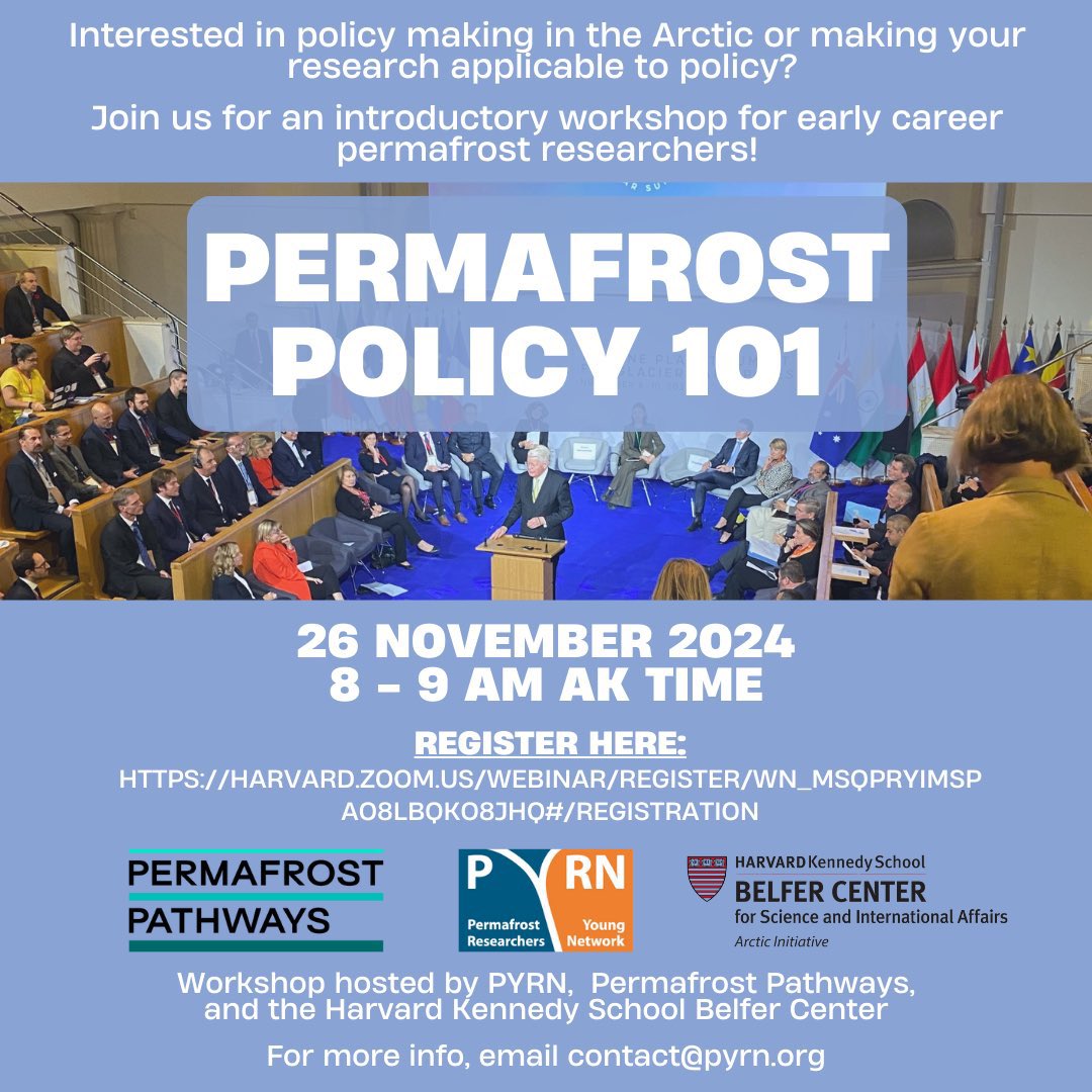 🚨Permafrost Policy 101 is tomorrow! 

🗓️November 26, 2024
🕗 8–9 AM AK Time

🔗Register here: harvard.zoom.us/webinar/regist…

Don't miss out on this chance to make your research policy-relevant! Suitable for researchers at all levels!