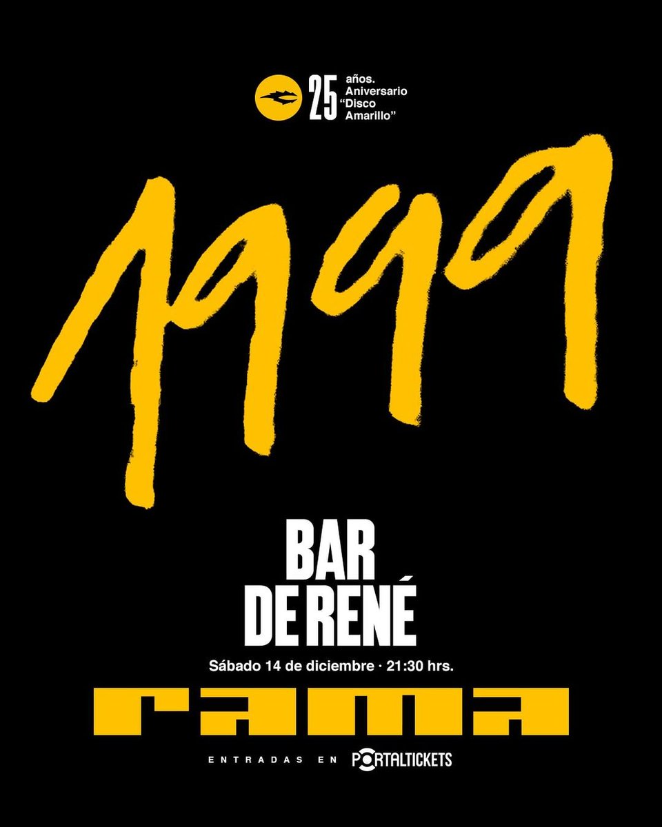 rockaxisoficial's tweet photo. 🎸¡A celebrar se ha dicho! 🎸

El 14 de diciembre, @estoesrama nos llevará de vuelta a 1999 en Bar de René, para el aniversario de su debut, el querido "Disco Amarillo" 🔥 Prepárate para revivir clásicos como 'Despegar' o 'Hermano Respira', junto a lo mejor de su catálogo.

Toda la info. aquí! 👉 https://t.co/0t5iwgoVwS

Entradas disponibles en @portaldisc

#Rama #DiscoAmarillo #25Años #Rockaxis