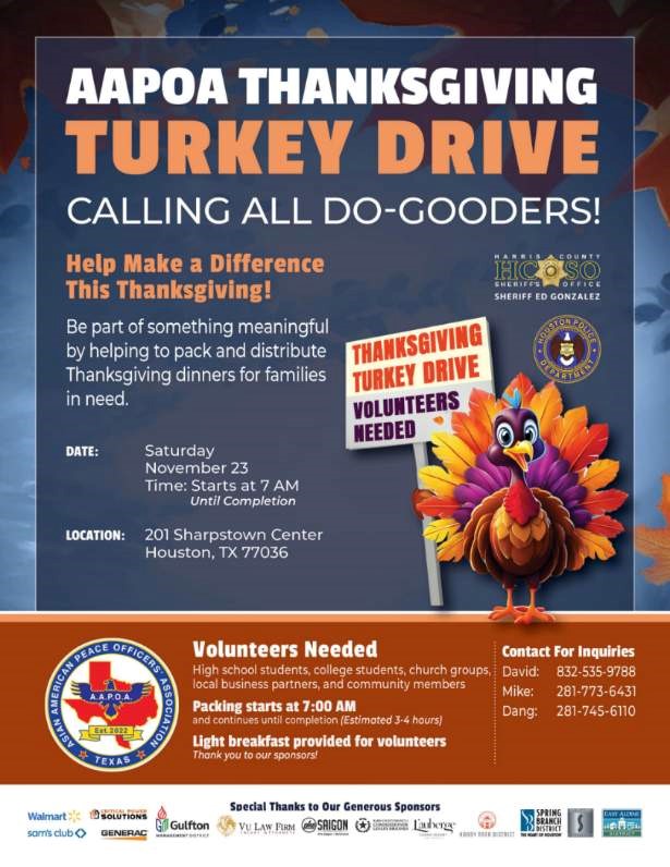NhatthienNguyen's tweet photo. Big thanks to @AAPOATEXAS  Thanksgiving Turkey Drive last Saturday in cooperation with @houstonpolice 
@hcso @HCPrecinct4 @SouthwestMD  @springbranchmd  @gulftonmd @hadistrict @adinedistrict in packing and delivering 3200 dinners  to the community https://t.co/vtcZ6gozaG