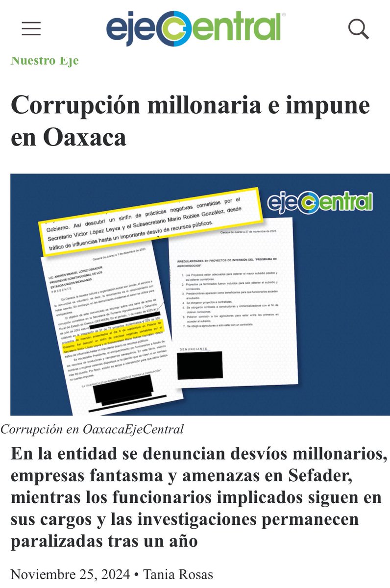 Corrupción millonaria e impune en el gobierno de <a href="/salomonj/">Salomón Jara Cruz</a> y la secretaria de <a href="/HonestidadOax/">Secretaría de Honestidad</a> y la Fiscalía Anticorrupción son cómplices.

137 millones de pesos fueron desviados en el <a href="/SEFADER_GobOax/">SEFADER Oaxaca</a> en moches y pagos a empresas fantasma.
ejecentral.com.mx/nuestro-eje/co… 
Vía <a href="/EjeCentral/">EjeCentral</a>