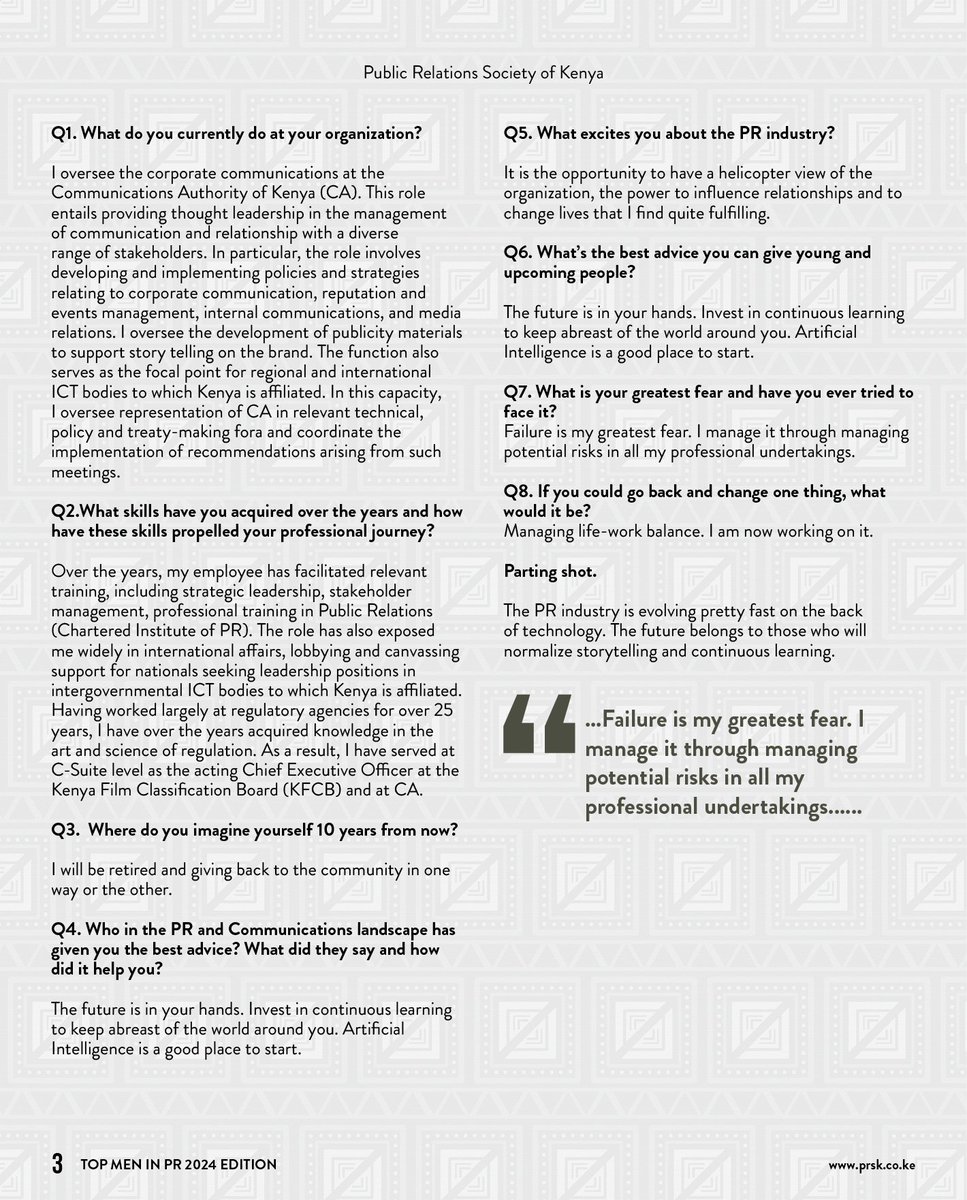 prskkenya's tweet photo. @ChrisWambua_, Director of Corporate Communication at the @CA_Kenya, urges public relations professionals to embrace storytelling and to prioritize continuous learning to stay relevant in the practice.
#TopMenInPR #TukutaneHomabay #Excellence #PRTrailblazers #IMD2024 https://t.co/DLO2HUxBnD
