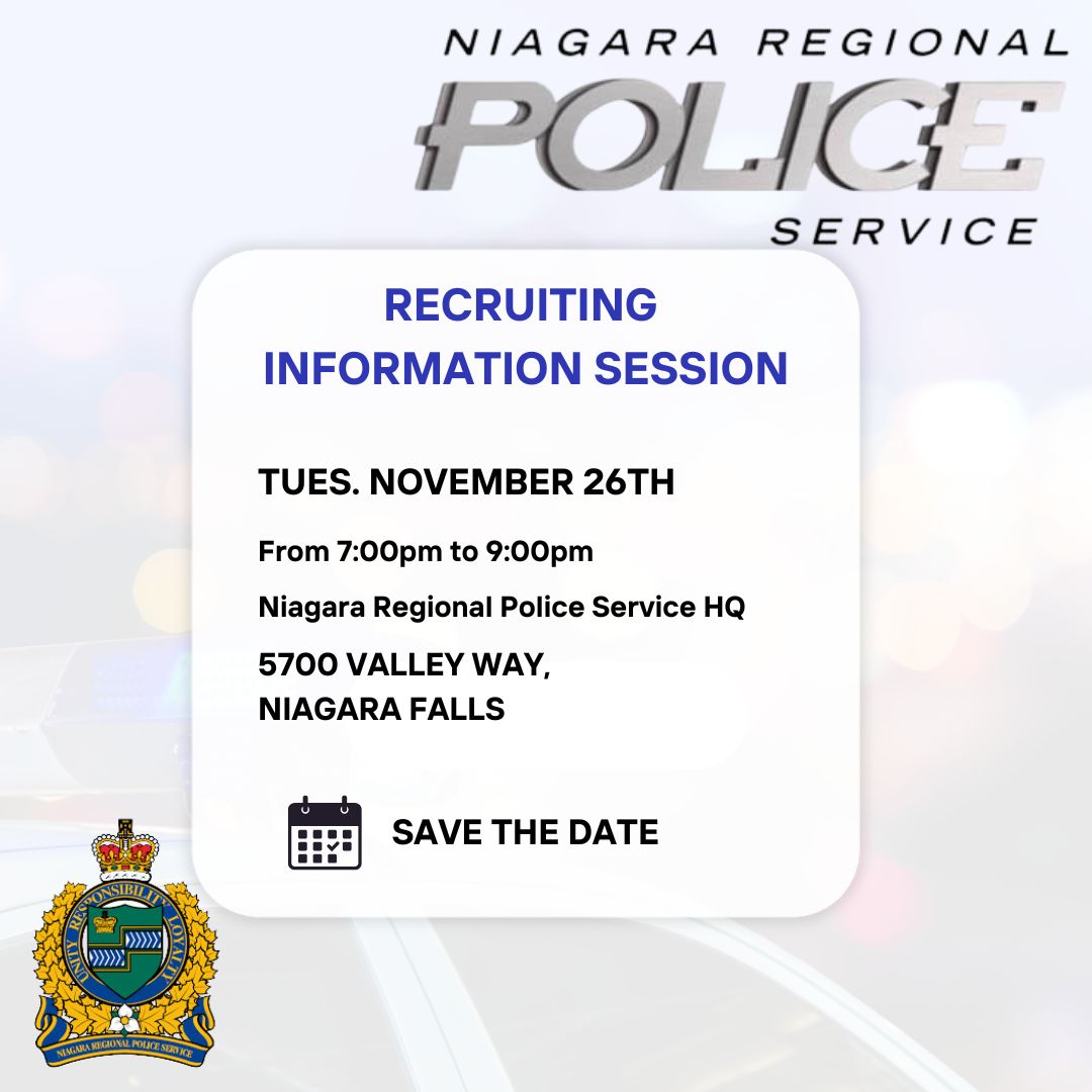 Don't forget!🕖

Tomorrow we will be hosting the first of two Recruiting Information Sessions!

Join us tomorrow at our NRPS Headquarters location (5700 Valley Way, Niagara Falls) &amp; speak to one of our Recruiters about the Recruitment Process and what it takes to join the NRPS!