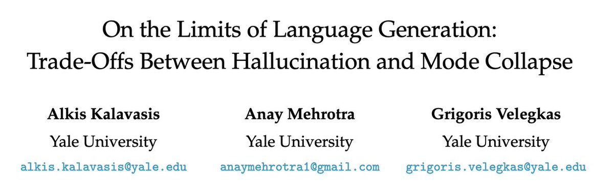 AnayMehrotra's tweet photo. We want language models that do not hallucinate

We want language models that have breadth (i.e., no mode-collapse)

Jon Kleinberg-@m_sendhil asked: Can we get both?

Alkis, @gvelegkas, and I show this is impossible: https://t.co/m28754LyHT

🧵(1/3) https://t.co/Jt8Y5u7Wll