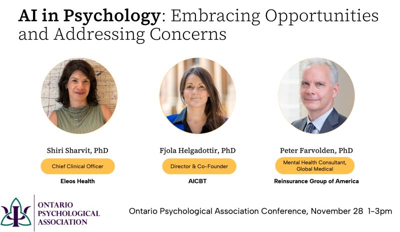 I am excited to speak on this panel with
<a href="/ShiriSharvit/">Shiri Sharvit, PhD</a> &amp; <a href="/drfarvolden/">Dr Peter Farvolden</a>
at the Ontario Psychological Association conference 📷 Date: November 28 📷 Time: 1-3 PM EST.

We will tackle the big questions about the risks and ethics of using AI in mental health!

<a href="/ONPsych/">ONPsychologicalAssn</a> #AI #psychology
