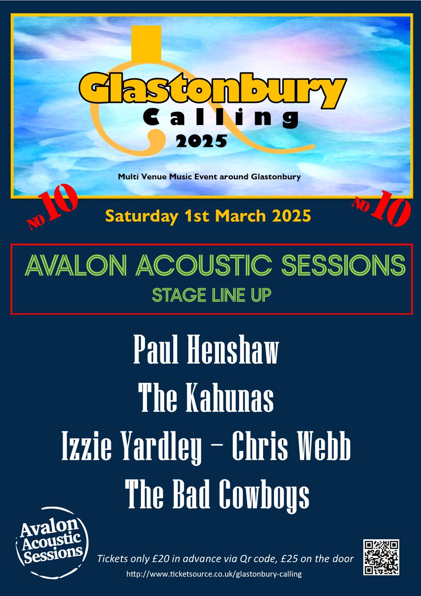 Line up for the Avalon Acoustic Sessions stage at Glastonbury Calling 10  on Saturday 1st March with Henshaw Music, The Kahunas , Izzie Yardley, Chris Webb and The Bad Cowboys 

Tickets: ticketsource.co.uk/glastonbury-ca…