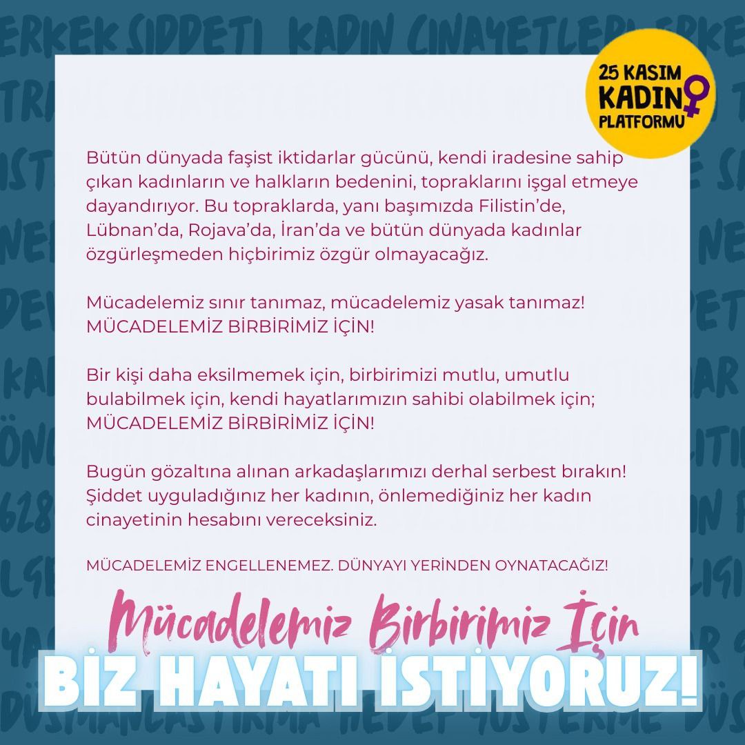 KDayanismasi's tweet photo. Erkek-devlet şiddetine karşı mücadelemiz yasaklanamaz!

Gözaltına alınan arkadaşlarımız derhal serbest bırakılsın!
#25K24 #25KasımdaSokaktayız https://t.co/gNdoalftjB