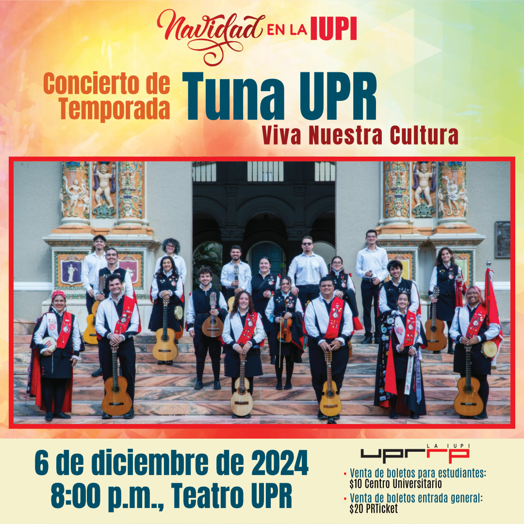 🎟️ ¡Boletos a la venta! 

Disfruta del Concierto de Navidad de la Tuna UPR, "Viva Nuestra Cultura", el 6️⃣ de diciembre a las 8:00 p.m.

🐓 Estudiantes: $10 (efectivo solamente)
📍 Centro Universitario (8:00 a.m. - 4:00 p.m.) 

📱Entrada general: $20
📍boletos.prticket.com/events/en/tuna…