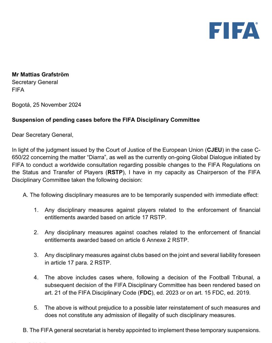 GeorgiGradev's tweet photo. 🚨 BREAKING: FIFA suspends pending cases before the FIFA DC as a result of the Diarra award.
Truly amazing! 😮 https://t.co/Q4g4mXrnRA