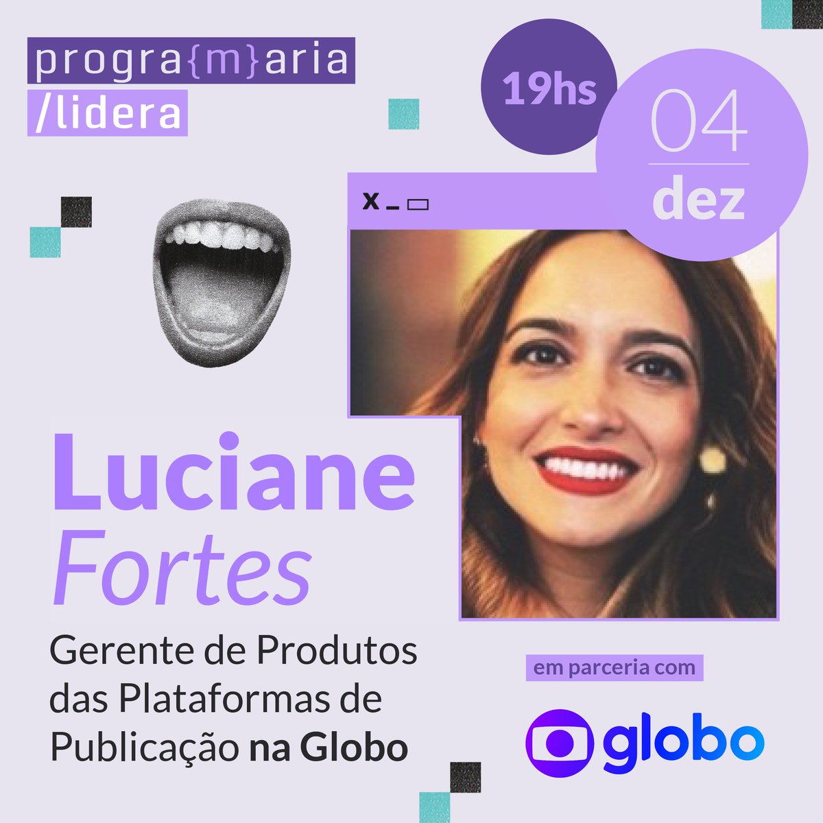programaria's tweet image. Que tal aprender com uma profissional com mais de 15 anos de experiência na área de tecnologia?

No PrograMaria Lidera, teremos um bate-papo com Luciane Fortes, Gerente de Produtos das Plataformas de Publicação na Globo. 

🔗A inscrição é gratuita: bit.ly/lidera-globo

VEM!