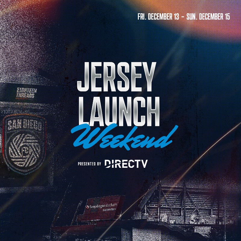 sandiegofc's tweet photo. 𝟯 𝗱𝗮𝘆𝘀. 𝟭 𝘂𝗻𝗳𝗼𝗿𝗴𝗲𝘁𝘁𝗮𝗯𝗹𝗲 𝘄𝗲𝗲𝗸𝗲𝗻𝗱.

Jersey Launch Weekend is December 13th-15th, presented by @DIRECTV.

Don’t miss it – link in bio