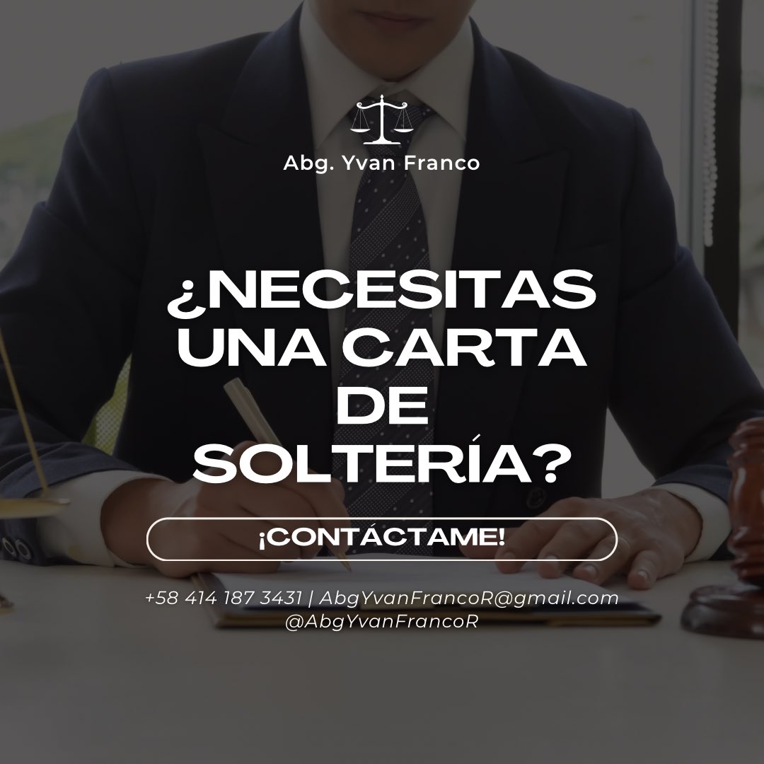AbgYvanFrancoR's tweet photo. Si necesitas una carta de soltería escríbeme.

0414 187 3431

AbgYvanFrancoR@gmail.com

#Abogado #Caracas #LaGuaira https://t.co/s7N3MfOfWT