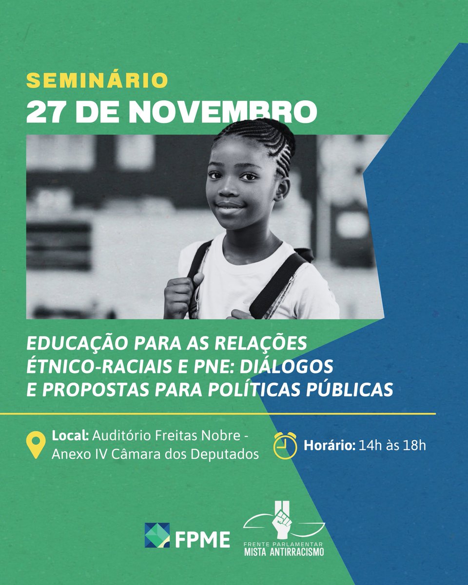fpeducacao's tweet photo. Não perca o Seminário "Educação para as Relações Étnico-raciais e PNE" nesta quarta (27), às 14h! Vamos debater a educação antirracista no PNE com especialistas e representantes da sociedade civil. Confirme sua presença: https://t.co/KFl5TiNRvw https://t.co/wAjil3CajZ
