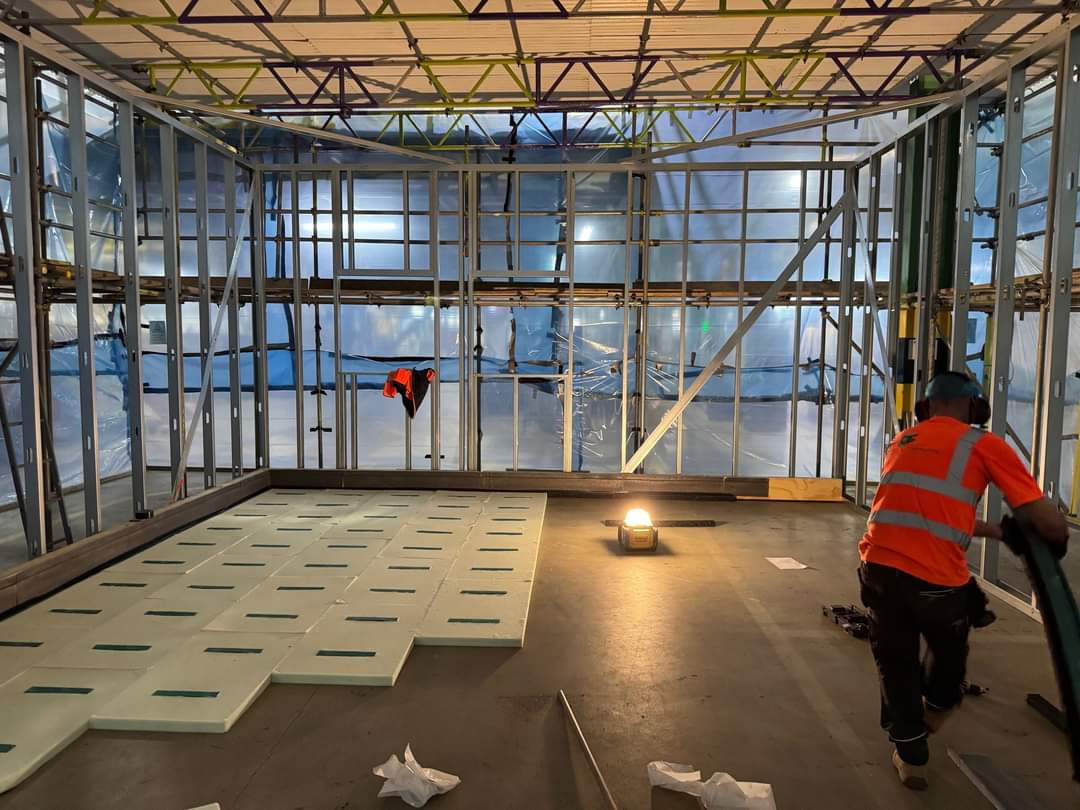 keystonearch's tweet photo. Sound proof break out office under construction inside a production facility in Scunthorpe. 

Construction by Concept Construction Solutions, utilising cold-rolled lightweight steel construction from @AyrshireMetals and MustWall insulation from @Buildtec Acoustics. https://t.co/tvU48quQrz