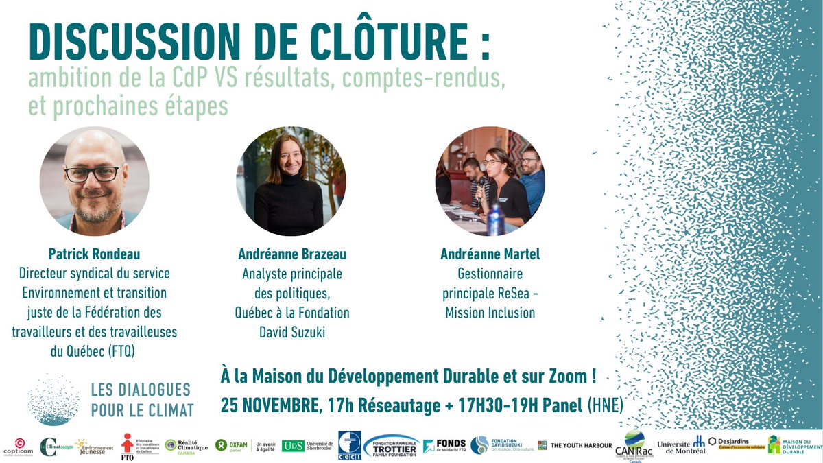 📆 25/11 - Dernier événement des Dialogues pour le Climat 2024: "Discussion de clôture: ambition de la CdP VS résultats, comptes-rendus, et prochaines étapes" en ligne ou à la MDD ! 🚨

Rejoignez-nous pour clôturer cette édition! 💚

👉 Inscriptions ici : loom.ly/2tuF7k4