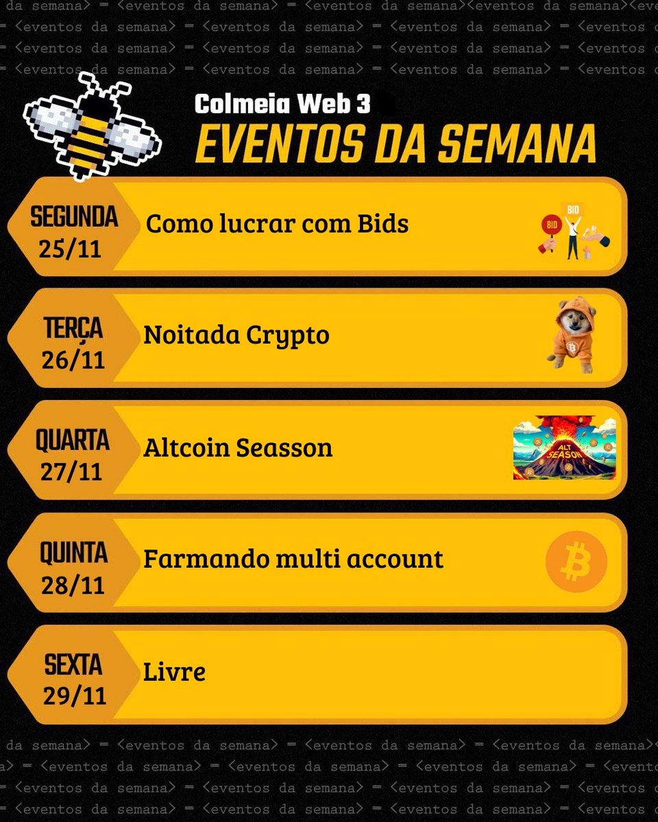 🚀 SEMANA INSANA DE CONTEÚDO! 💥

🗓 Segunda: Call com o King das Bids!
🗓 Terça: Noitada Crypto com alphas!
🗓 Quarta: Tudo sobre a Altcoin Season!
🗓 Quinta: Como farmar WL com segurança!
⚡ Qual tema você tá mais ansioso? Comenta e marca a galera! 👇