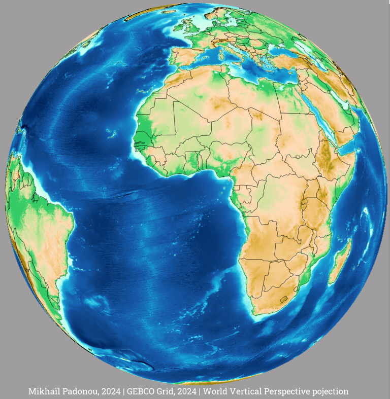 #30daymapchallenge Day 26: Map projections | After testing several CSRs with #QGIS, I chose the ‘World Vertical Perspective’ to represent the relief of different parts of the world, or at least the face that this projection allows us to visualise.#GIS #dataviz #gischat