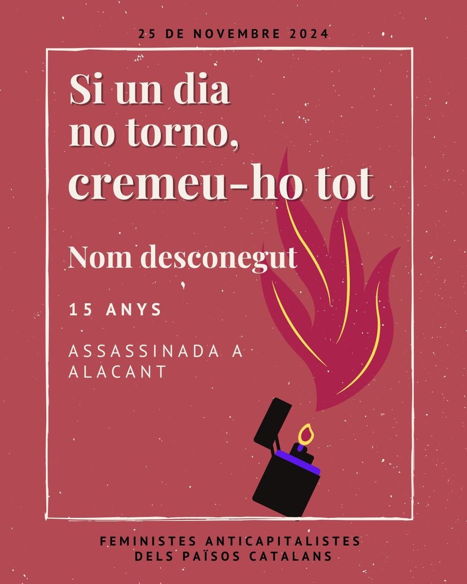 femis_de_gracia's tweet photo. Avui, #25N, una jove ha estat assassinada brutalment a mans de la seva parella, a Alacant.

🙅🏽‍♀️Condemnem els #feminicidis i totes les formes de violència masclista! Ràbia, ràbia, ràbia!🔥
🟣Si ens toquen a una, ens toquen a totes! No descansarem fins que cremi el patriarcat!🔥 https://t.co/wl84NuSUIg