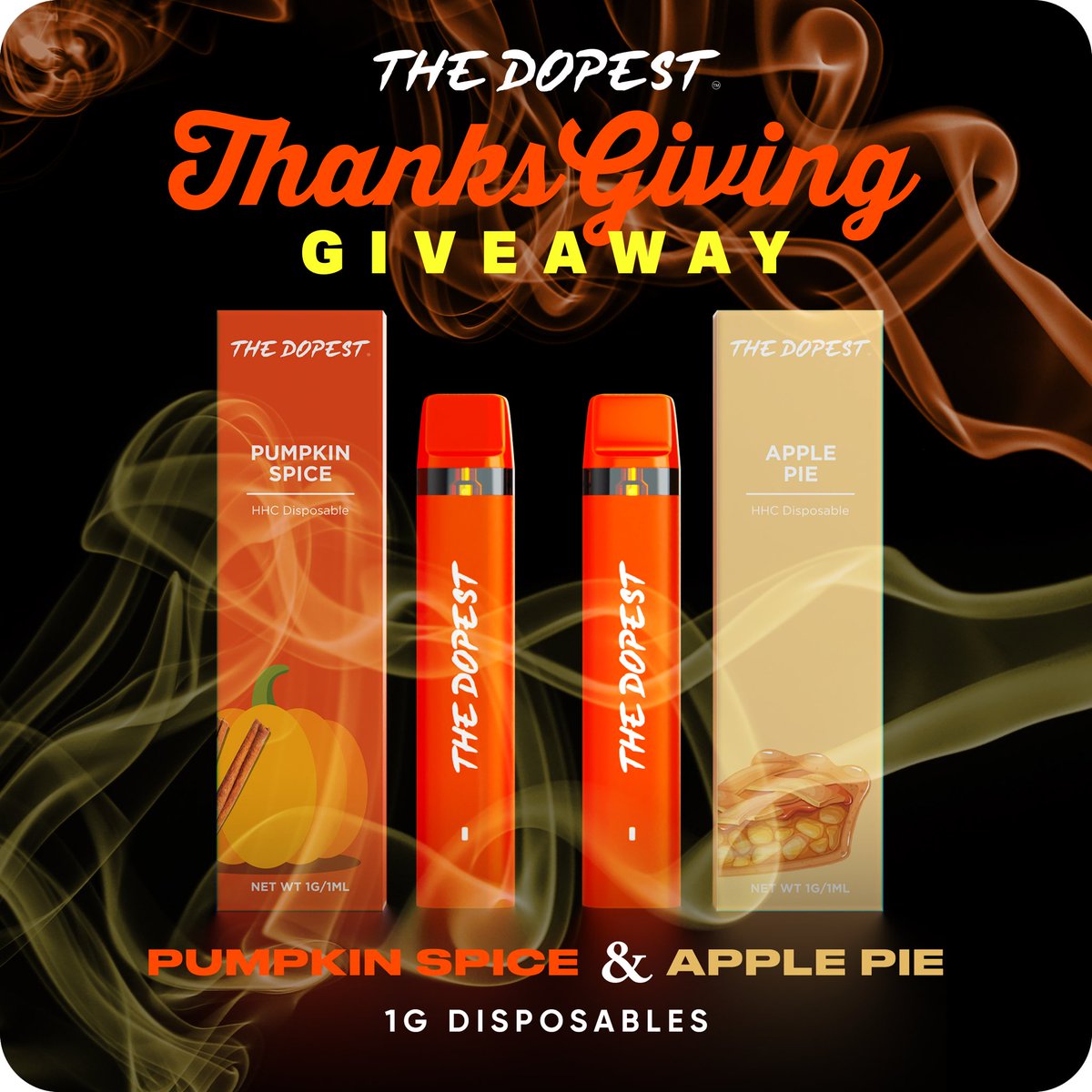 THANKSGIVING WEEK GIVEAWAY:  Enter to win our seasonal flavored disposables: We will pick 5 winners. #giveaway 
1.Retweet &amp; Like this post
2.Must be following The Dopest Shops Twitter:  tinyurl.com/mr8u273a
3.Tag 1 or more friends in the comments. 

*must be 21 to enter