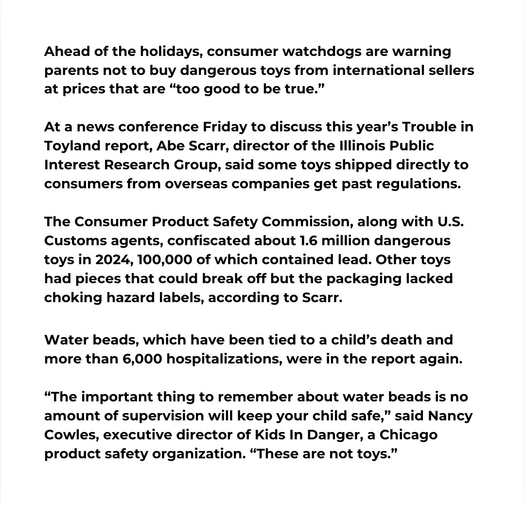 This holiday season, shop from trusted retailers and online marketplaces and avoid toys with prices that are too good to be true. Buying toys online from overseas companies may not meet federal standards and can pose a risk to children.
Link: chicago.suntimes.com/news/2024/11/2…