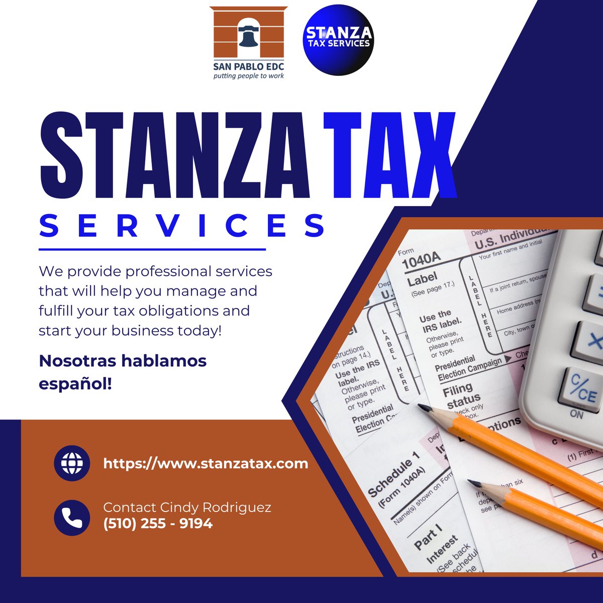 🌟 Welcome to our newest member: Stanza Tax Services! 📊💼Your go-to for tax &amp; financial advice in San Pablo!

• Payroll
• Business/nonprofit formations
• Business &amp; personal taxes

#SanPabloEDC #TaxServices