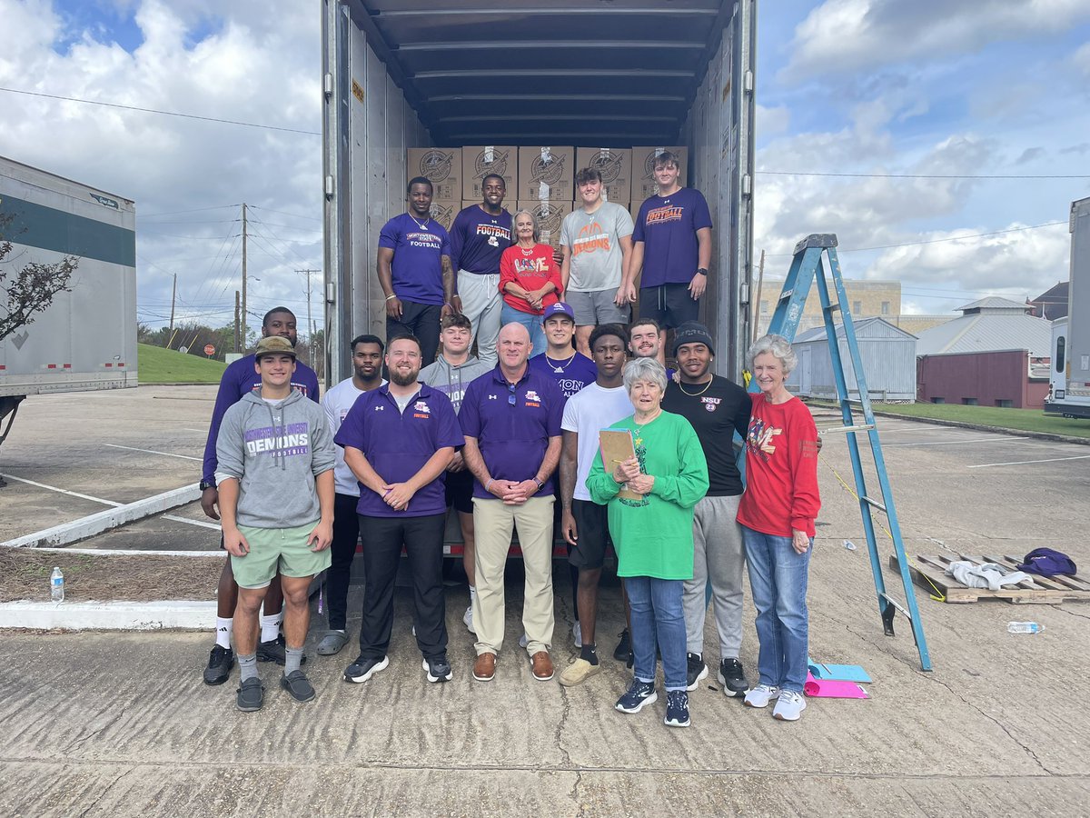 NSUDemonsFB's tweet photo. Handoffs, holiday style. Our guys were happy to get #Nvolved and help load up gifts collected for Operation Christmas Child.
#ForkEm x #BlaineTrain https://t.co/G6HlX34x3b