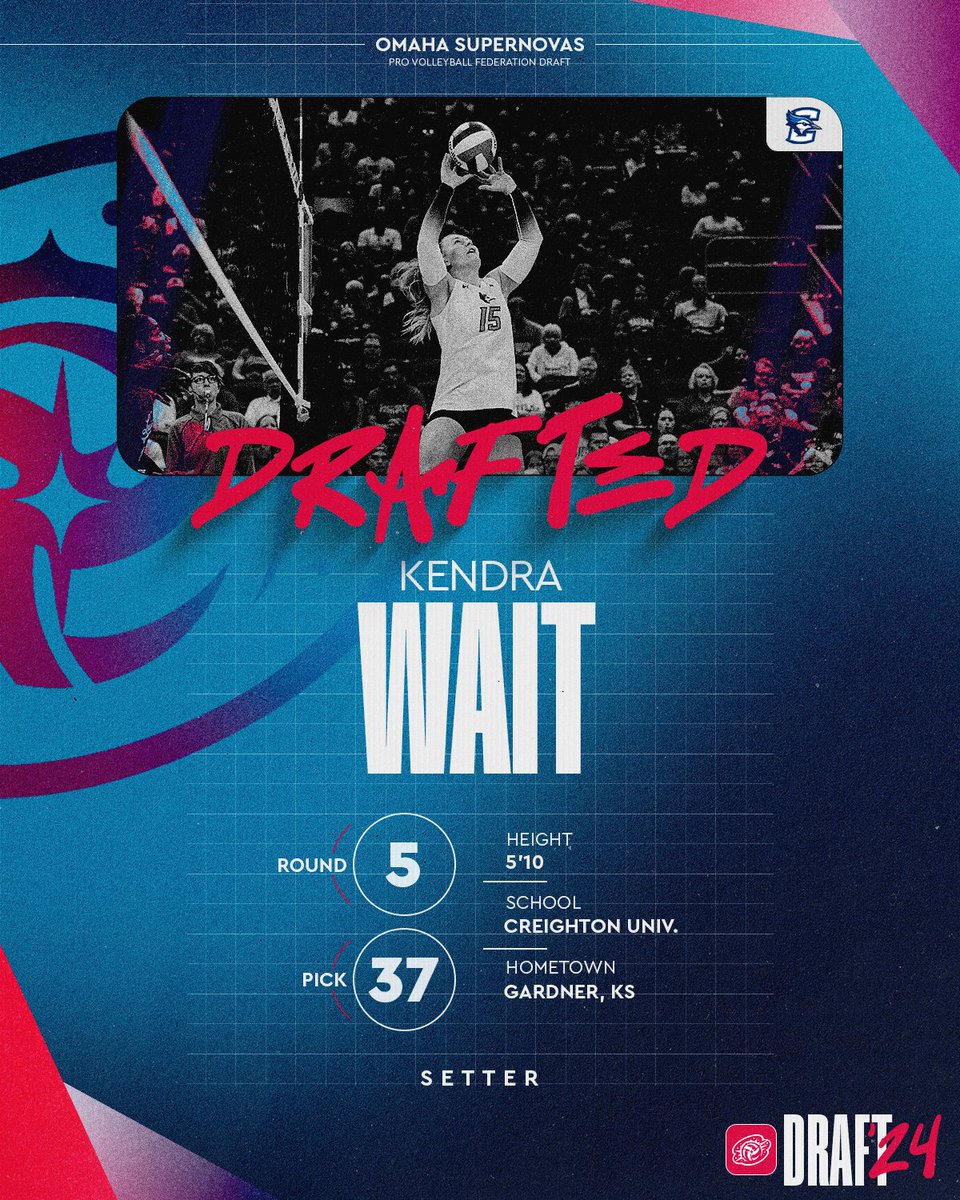 Omaha Supernovas (@omahasupernovas) on Twitter photo With the 37th pick in the 2024 #PVFDraft, the #OmahaSupernovas select Setter <a href="/KendraWait15/">Kendra Wait</a> from Creighton University!
#NovasNation #LightItUp With the 37th pick in the 2024 #PVFDraft, the #OmahaSupernovas select Setter <a href="/KendraWait15/">Kendra Wait</a> from Creighton University!
#NovasNation #LightItUp