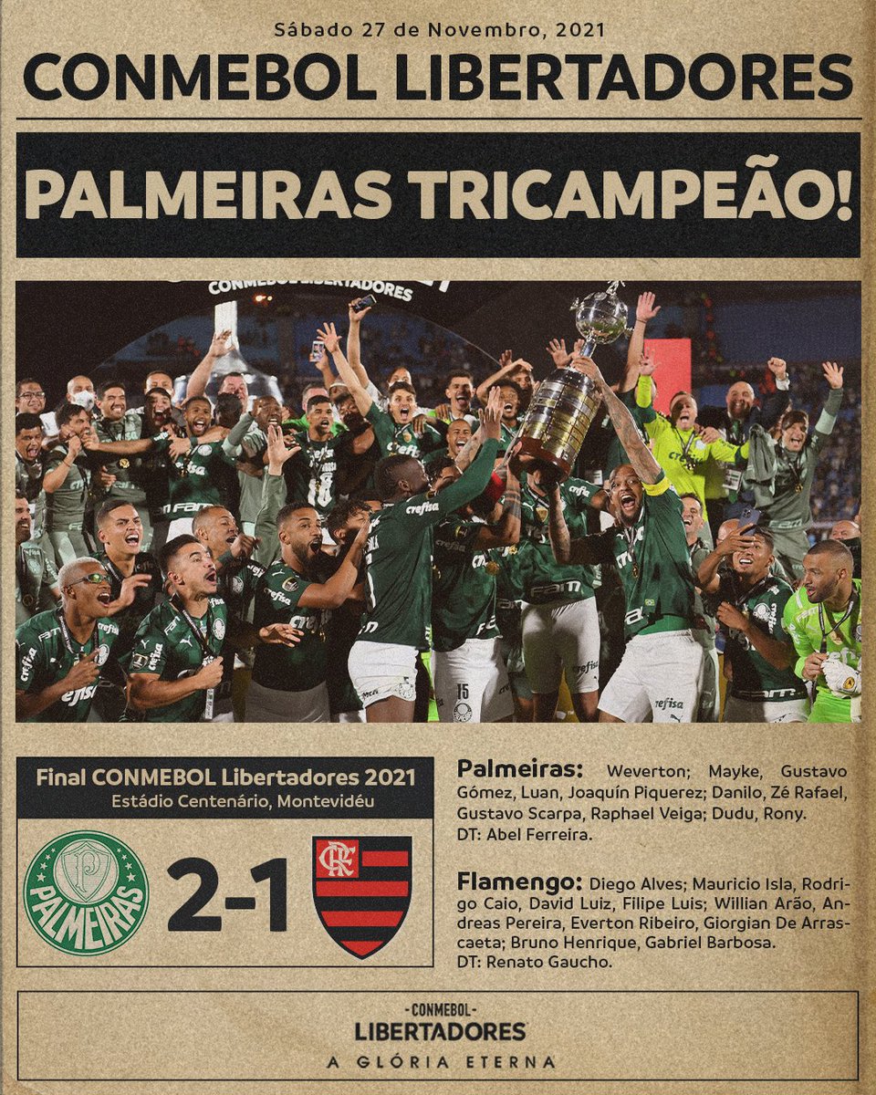 LibertadoresBR's tweet photo. ⭐️⭐️⭐️💚 Que momento! Há 3⃣ anos, o @Palmeiras conquistou a CONMEBOL #Libertadores e chegou à #GloriaEterna pela terceira vez.

🤔 Onde você viu este jogo? https://t.co/U34pxQwui1