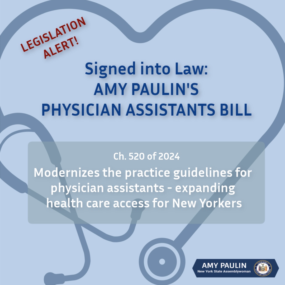 NYS Assembly Member Amy Paulin (@amypaulin) on Twitter photo My PA bill has been signed into law! The bill, which I authored with <a href="/RachelMayNY/">Senator Rachel May (RachelMayNY.bsky.social)</a>, modernizes the guidelines for PAs, allowing them to broaden their practice. This is an important step to address the healthcare workforce shortage and expand access to quality care for NYers. My PA bill has been signed into law! The bill, which I authored with <a href="/RachelMayNY/">Senator Rachel May (RachelMayNY.bsky.social)</a>, modernizes the guidelines for PAs, allowing them to broaden their practice. This is an important step to address the healthcare workforce shortage and expand access to quality care for NYers.
