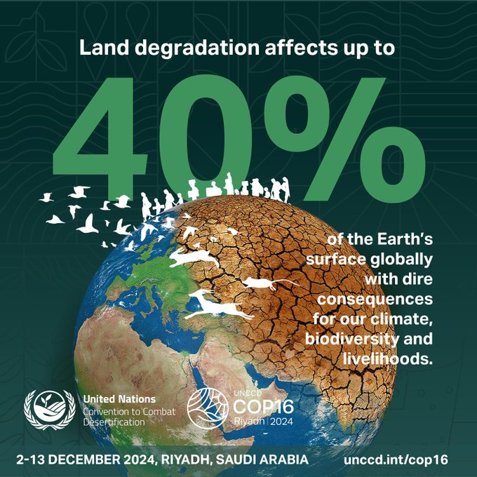 Land degradation affects up to 40% of the Earth's surface, and half of humanity.

As land loses vitality, its ability to support and protect life also erodes.

Join us at #COP16Riyadh to raise global ambition and accelerate action for #OurLandOurFuture.

via <a href="/UNCCD/">UN Land and Drought</a>