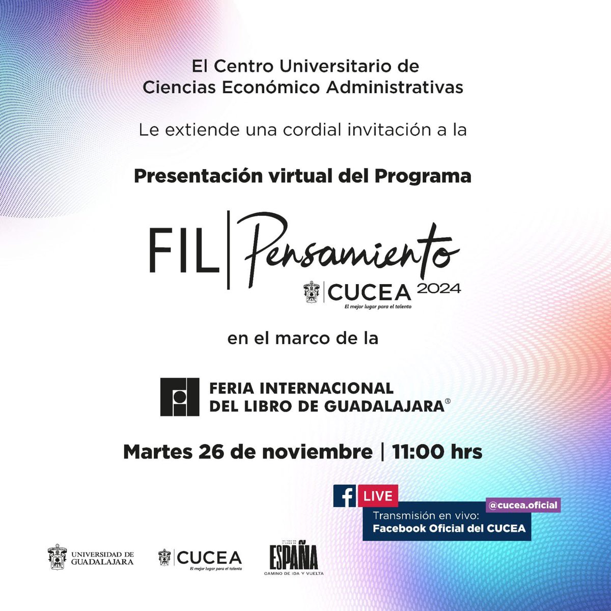 CUCEA_OFICIAL's tweet photo. Atención #ComunidadCUCEA:
Nos ponemos #ModoFIL, participa en la Presentación virtual del Programa #FILPensamientoCUCEA 2024 de este año.
📅Martes, 26 de noviembre de 2024
⏰11 hrs.
💻Transmisión a través de nuestro Facebook Live. https://t.co/3k989DuWKI