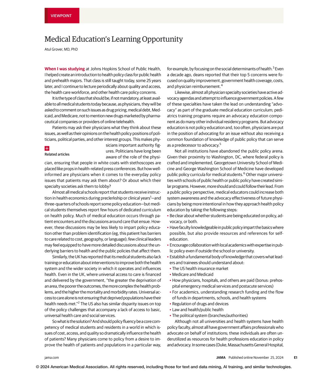 Viewpoint: Medical students and residents need to be educated on health policy issues like insurance, payment models, and drug regulation to better understand the factors that impact patient health outcomes. 

ja.ma/4eKvXWk