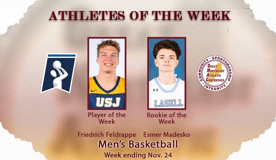 Great Northeast Athletic Conference (@thegnac) on Twitter photo MBB Weekly Awards - Week 3
For week three of weekly awards, Friedrich Feldrappe (<a href="/USJ_BlueJays/">USJ Blue Jays</a>) takes home Player of the Week and Esmer Madesko (<a href="/LasellAthletics/">Lasell University Athletics</a>) takes home Rookie of the Week.
Read more: thegnac.com/sports/mbkb/20… MBB Weekly Awards - Week 3
For week three of weekly awards, Friedrich Feldrappe (<a href="/USJ_BlueJays/">USJ Blue Jays</a>) takes home Player of the Week and Esmer Madesko (<a href="/LasellAthletics/">Lasell University Athletics</a>) takes home Rookie of the Week.
Read more: thegnac.com/sports/mbkb/20…