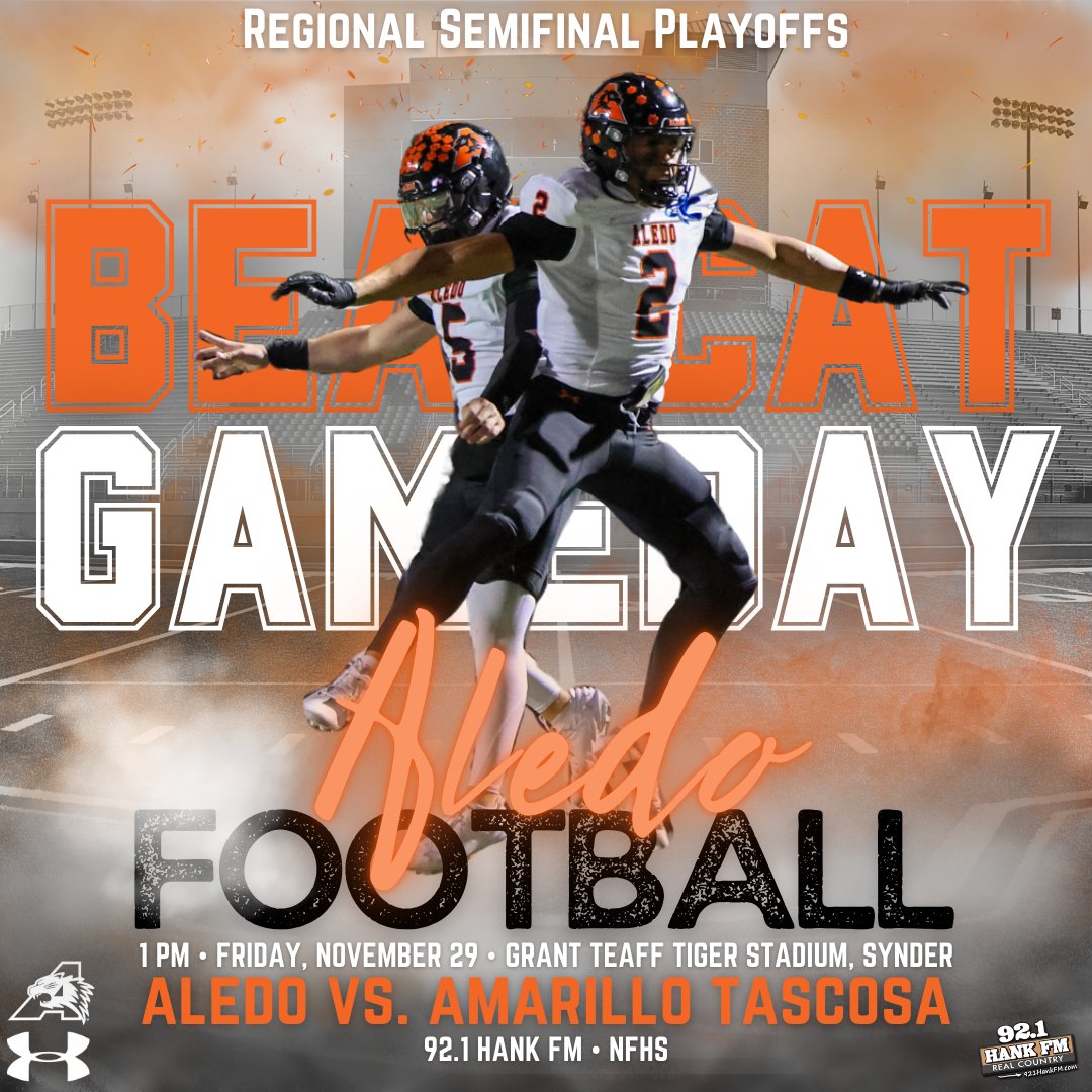 Regional Semifinal
Aledo Football 🆚 Tascosa
⌚️1PM
📆Fri 11/29
📍Grant Teaff Tiger Stadium, Snyder
📻<a href="/921HankFM/">92.1 Hank FM</a> 
🎟Online only; no cash at gate: vancoevents.com/us/49229
🍿Concessions cash only, only sold on home side
GO BEARCATS! 📣🐾
#bethestandard #allinaledo #PTT