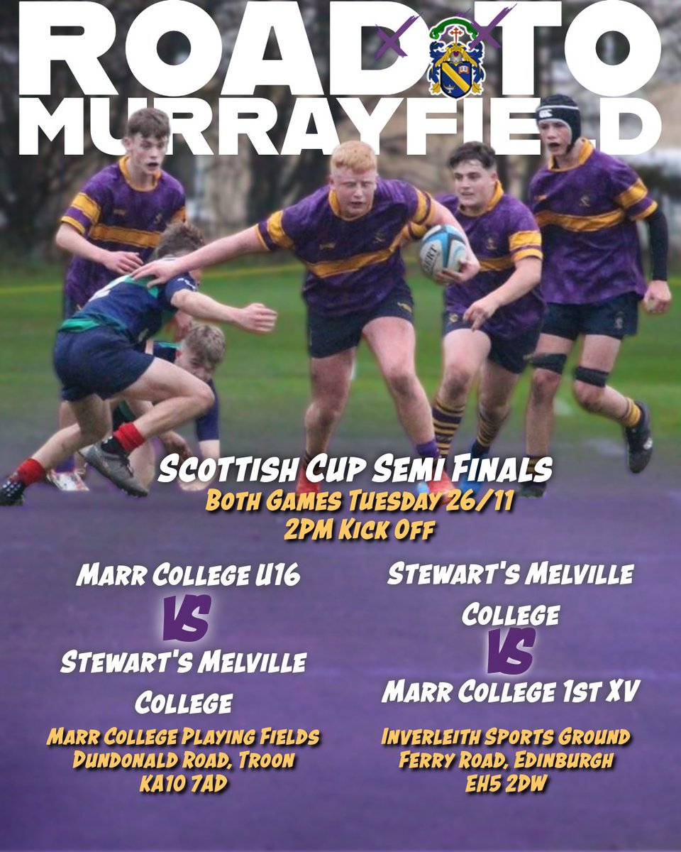 youtube.com/live/pRycOhqIv…

Big Day of Scottish Schools Cup action tomorrow.  Both semi finals kick off at 2. 1XV YouTube link available 

 🟣💛🟣

#Rugby #scottishrugby #scottishpremiership #scottishrugbyunion #Troon #marrrugby #marrcollege