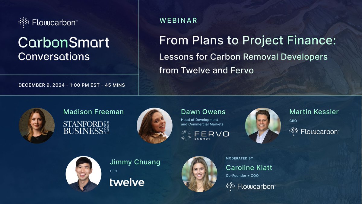 Flowcarbon (@weareflowcarbon) on Twitter photo Join us on 12/9 at 1 p.m. ET for our next CarbonSmart Conversations webinar!
Hear about project financing stories & key strategies for scaling ventures with asset-level financing from <a href="/StanfordGSB/">Stanford Graduate School of Business</a> <a href="/fervoenergy/">Fervo Energy</a> & Twelve.📈
Seats are limited, register!👉 lnkd.in/eCW-UFP3 Join us on 12/9 at 1 p.m. ET for our next CarbonSmart Conversations webinar!
Hear about project financing stories & key strategies for scaling ventures with asset-level financing from <a href="/StanfordGSB/">Stanford Graduate School of Business</a> <a href="/fervoenergy/">Fervo Energy</a> & Twelve.📈
Seats are limited, register!👉 lnkd.in/eCW-UFP3