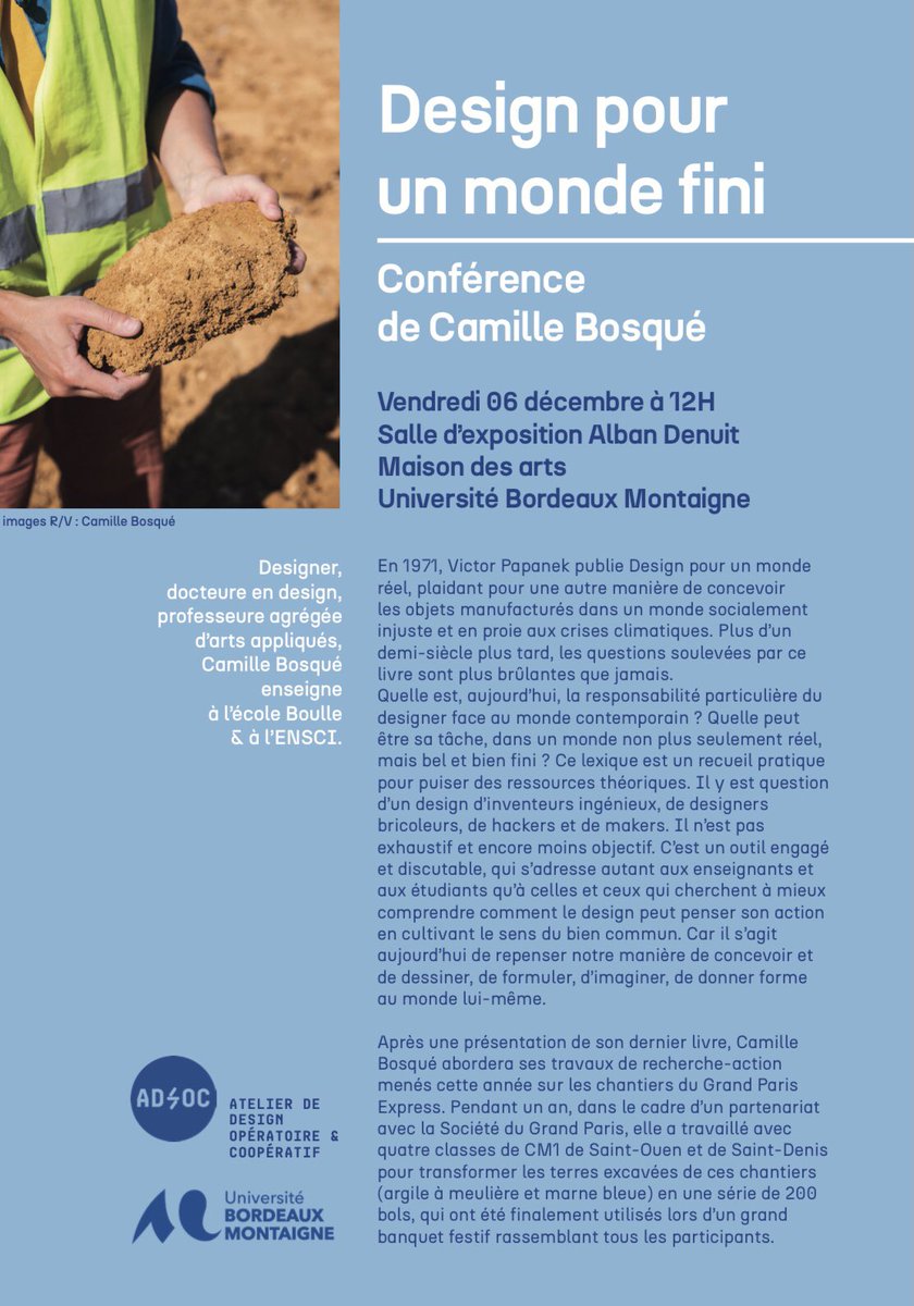 📆 Bordeaux, le vendredi 6 décembre à 12h, à la Maison des arts <a href="/UBMontaigne/">Université Bordeaux Montaigne</a>
📙Conférence de présentation de mon dernier livre (Design pour un monde fini, <a href="/PParallele/">Premier Parallèle</a>)
🪨 Et retour en images sur mon travail avec les terres excavées, mené l’an dernier avec <a href="/sgrandsprojets/">Société des grands projets</a>.