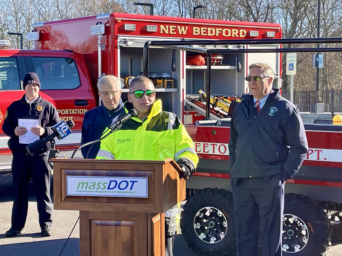 MassDOT's tweet image. Today at the @MBTA #Freetown Commuter rail station, Secretary Tibbits-Nutt joined local officials for a Southcoast rail rescue vehicle demonstration. “These rescue tools will help supply the area communities with high quality equipment necessary for a train related emergency.”