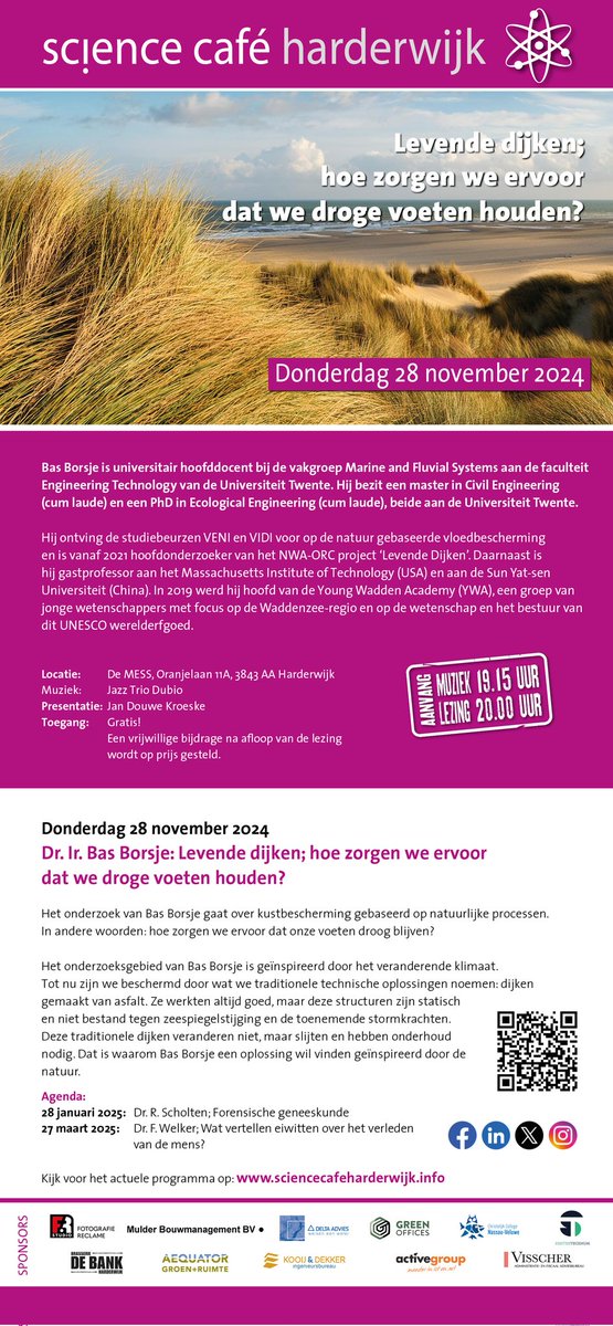 sciencecafehw's tweet photo. Donderdag avond 25 november de laatste Science Cafe van het jaar.
Bas Borsje spreekt over de mogelijkheden die 'levende' dijken bieden om droge voeten te houden. https://t.co/W2DVqPZ9yy