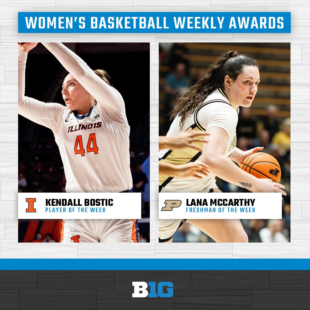 Big Ten Women's Basketball (@b1gwbball) on Twitter photo 🏀 #B1GWBball Weekly Awards 🏀
Player: <a href="/IlliniWBB/">Illinois Women's Basketball</a>'s Kendall Bostic
Freshman: <a href="/PurdueWBB/">Purdue Women's Basketball</a>'s Lana McCarthy
🔗 bit.ly/4i6F8DC 🏀 #B1GWBball Weekly Awards 🏀
Player: <a href="/IlliniWBB/">Illinois Women's Basketball</a>'s Kendall Bostic
Freshman: <a href="/PurdueWBB/">Purdue Women's Basketball</a>'s Lana McCarthy
🔗 bit.ly/4i6F8DC